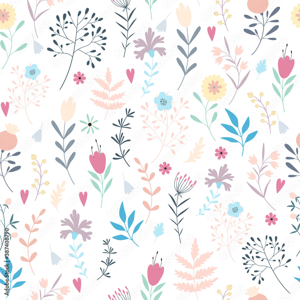 Bright and colorful seamless pattern with flowers and branches.