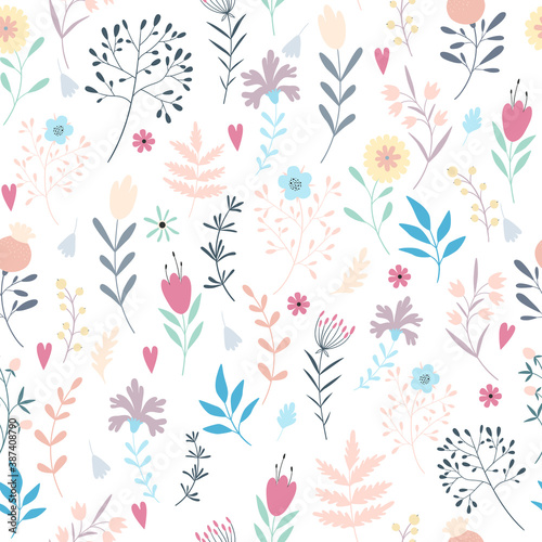 Bright and colorful seamless pattern with flowers and branches.