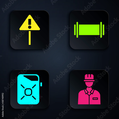 Set Oilman, Exclamation mark in triangle, Canister for motor oil and Industry pipe. Black square button. Vector.