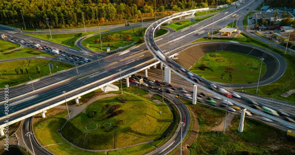 Time-lapse Aerial view of a freeway intersection traffic trails in Moscow. Time-lapse Aerial view of a freeway intersection traffic trails in Moscow.