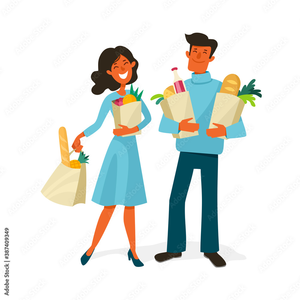 Couple of cheerful man and woman with grocery shopping paper bags. Cartoon vector illustration isolated on white background. Couple of cheerful man and woman with grocery shopping paper bags. Cartoon vector illustration isolated on white background.