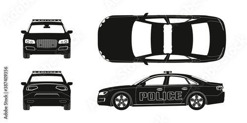 Black silhouette of police car. Front, side, back and side views. Patrol automobile drawing. Isolated blueprint. City guard
