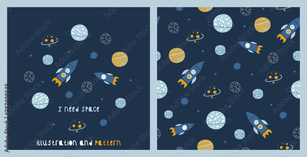 Illustration and seamless pattern with space.