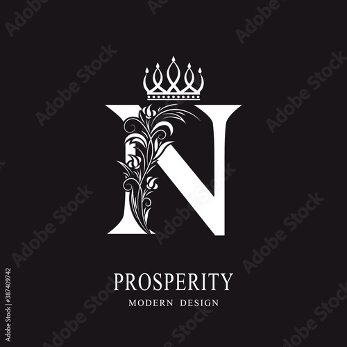 Elegant Capital letter N. Graceful royal style. Calligraphic beautiful logo. Vintage floral drawn emblem for book design, brand name, business card, Restaurant, Boutique, Hotel. Vector illustration