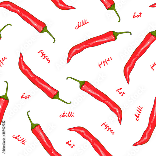 Seamless pattern red hot chilli pepper. Peppers background. Hand drawing chili pepper. Vector illustration chili pepper. Cartoon style.