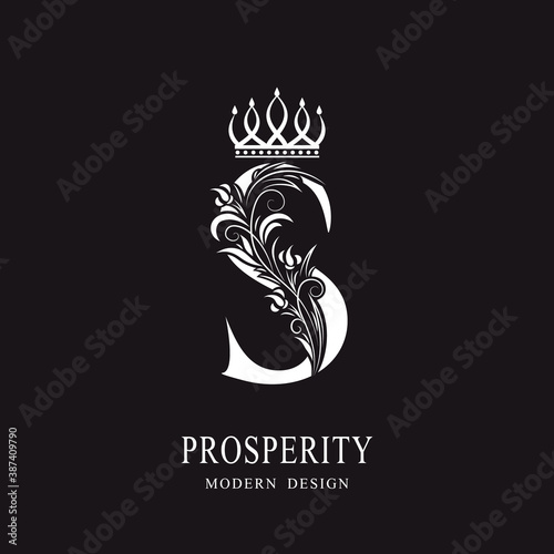 Elegant Capital letter S. Graceful royal style. Calligraphic beautiful logo. Vintage floral drawn emblem for book design, brand name, business card, Restaurant, Boutique, Hotel. Vector illustration