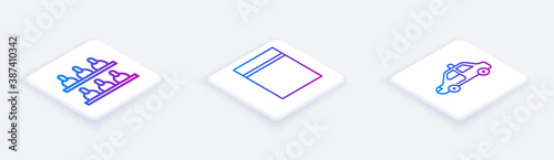 Set Isometric line Jurors, Plastic bag with ziplock and Police car and flasher. White square button. Vector.