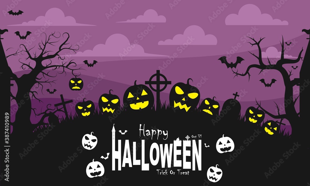 Halloween illustration purple and dark vector background, horror, lantern, pumpkin, tree, bat, etc. Good for web backgrounds, cards, posters, greeting cards, etc.