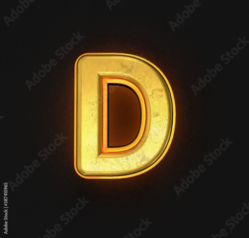 vintage gold metallic font with yellow outline and backlight - letter D isolated on black background, 3D illustration of symbols