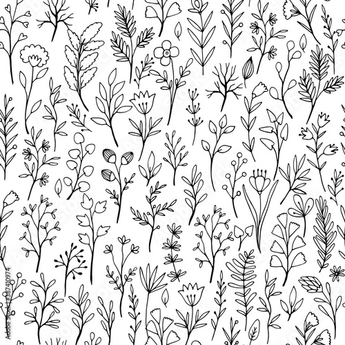 Black-white floral seamless pattern. Hand drawn branches and flowers