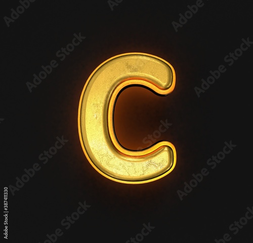 vintage gold brassy alphabet with orange outline and backlight - letter C isolated on black, 3D illustration of symbols