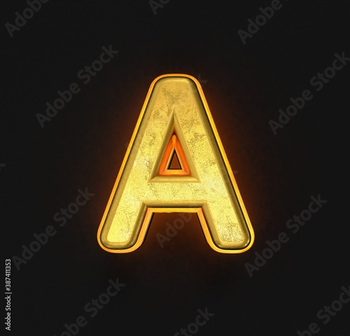 vintage gold metallic font with yellow outline and backlight - letter A isolated on black background, 3D illustration of symbols