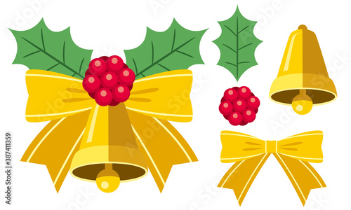 クリスマスベルとヒイラギとリボン のイラスト素材とパーツ