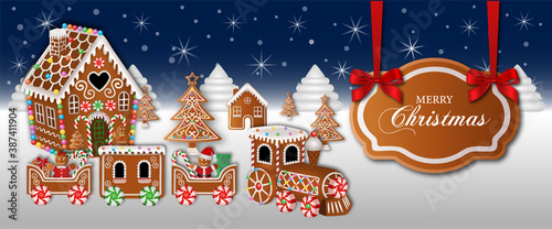 merry christmas banner with gingerbread house and trees