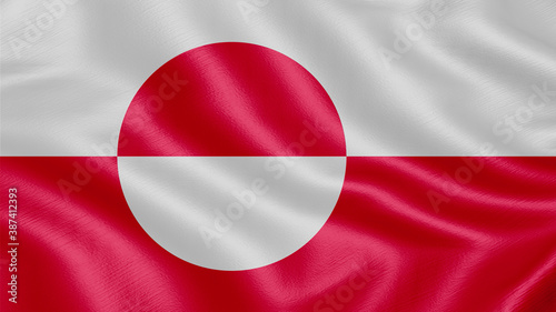 Flag of Greenland. Realistic waving flag 3D render illustration with highly detailed fabric texture.