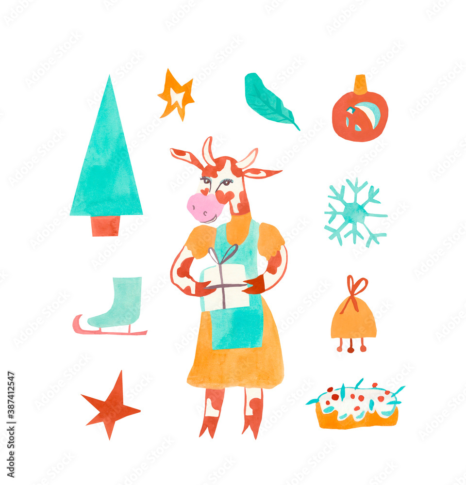 Watercolor set of cute Christmas animals hand drawn in orange, blue colors.Clip art Christmas steers, Christmas tree, food, berries, gifts on a white isolated background. Design for cards, banners. Watercolor set of cute Christmas animals hand drawn in orange, blue colors.Clip art Christmas steers, Christmas tree, food, berries, gifts on a white isolated background. Design for cards, banners.