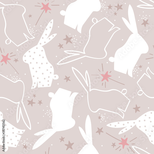 Bunnies, stars, hand drawn backdrop. Colorful seamless pattern with animals. Decorative cute wallpaper, good for printing. Overlapping background vector. Design illustration, rabbits