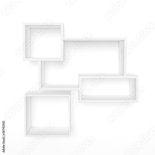 White frame and shelf on white background 3d rendering. 3d illustration Modern picture frame, Empty white border frame, Blank picture frame on white wall template minimal concept.