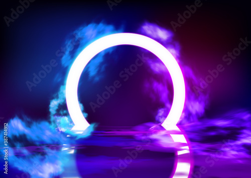 Neon color geometric circle on pattern background. Round mystical portal, neon sign. Reflection of blue and pink neon light on the floor. Rays of light in the dark, smoke. Vector EPS 10
