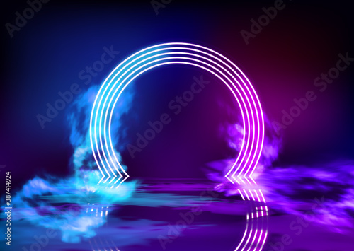 Neon color geometric circle on pattern background. Round mystical portal, neon sign. Reflection of blue and pink neon light on the floor. Rays of light in the dark, smoke. Vector EPS 10
