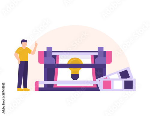 the concept of a screen printing service business. illustration of a man standing and using a printing press to print a light bulb image or idea. flat style. design elements.