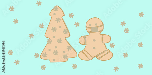 Vector image of livers in the form of New Year's needles, with snowflakes on a turquoise background