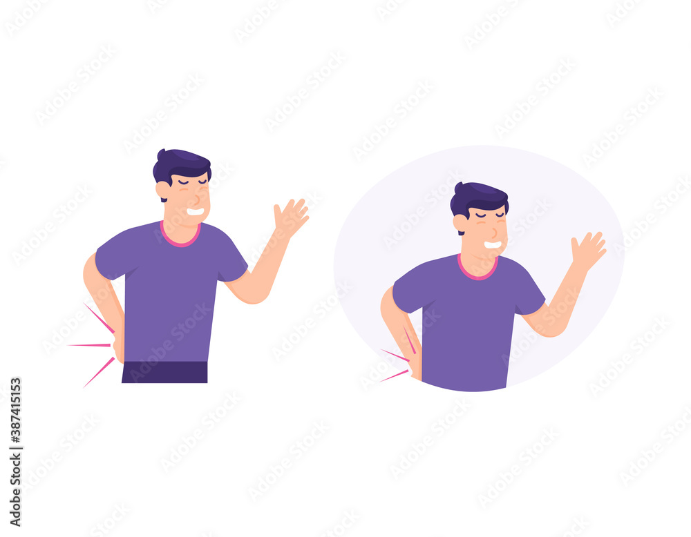 illustration of man grimacing in pain due to experiencing or having back pain, rheumatism, osteoporosis, internal disease. holding her waist. back body or spinal pain. sick person. flat style. design illustration of man grimacing in pain due to experiencing or having back pain, rheumatism, osteoporosis, internal disease. holding her waist. back body or spinal pain. sick person. flat style. design