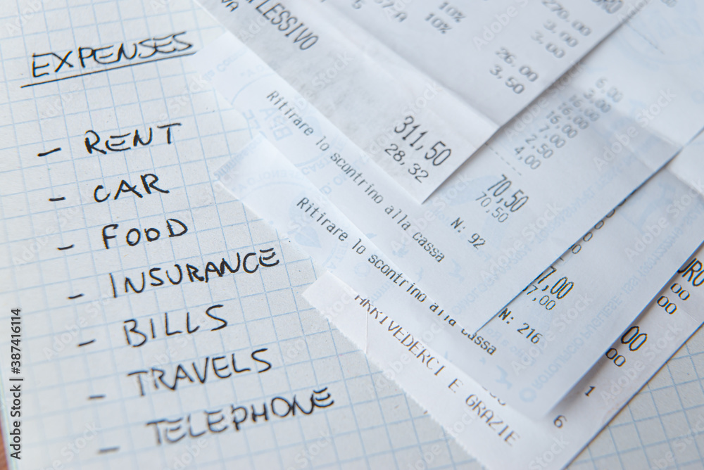 List of daily living expenses, with tax receipts next to it. List of daily living expenses, with tax receipts next to it.