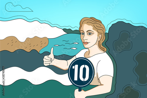 Psihologycal Illustration about self-confidence, pride, courage, confidence. Girl in on travel in mountains above sea, conquered heights