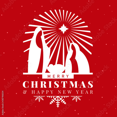 Merry christmas the birth of jesus banner with white Nativity of Jesus scene and star light sign on snow texture red background vector design