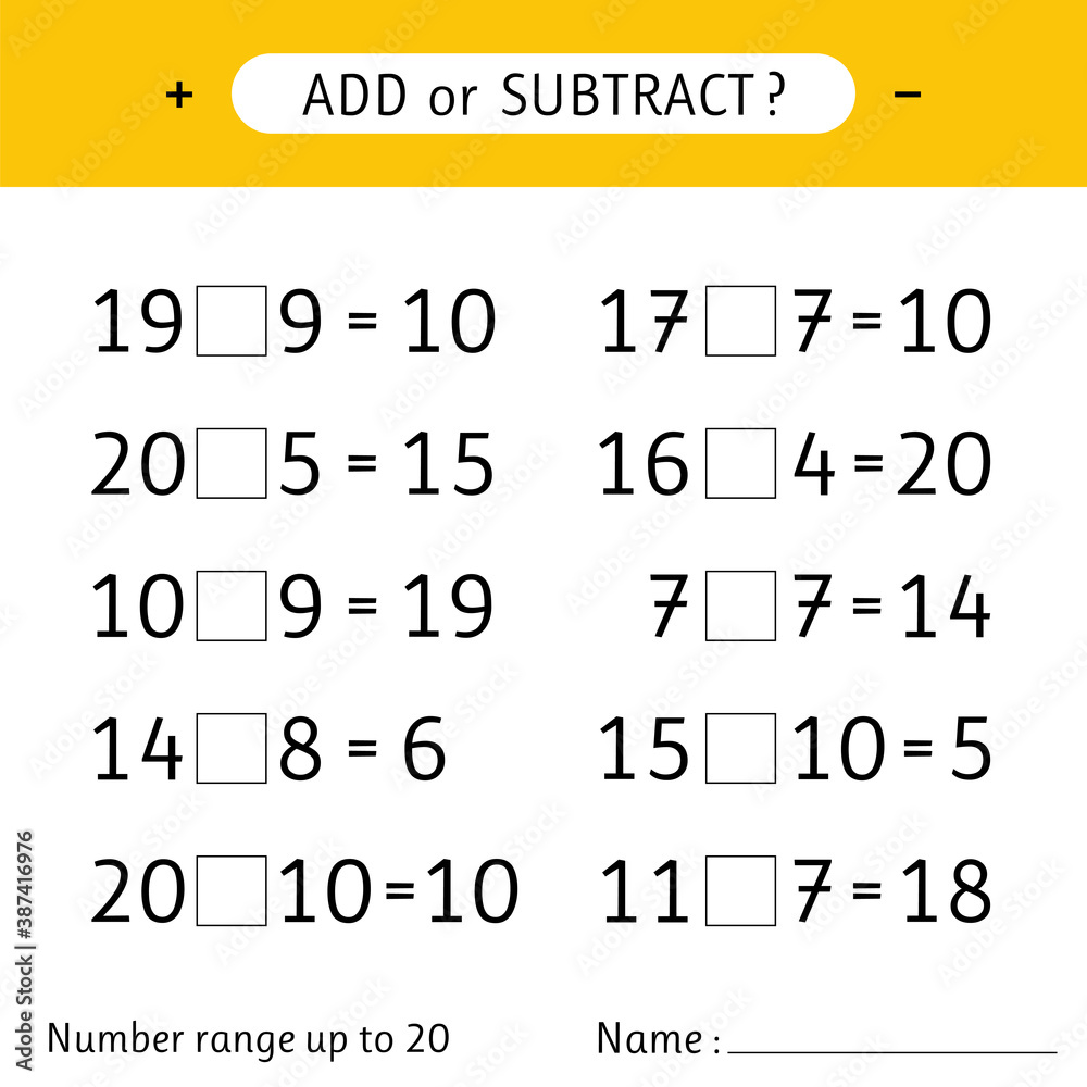 Obraz premium Add or subtract. Number range up to 20. Worksheets for kids. Addition and subtraction. Mathematical exercises
