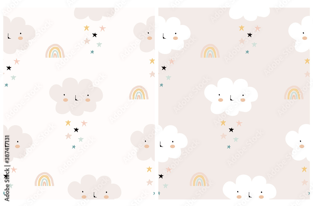 Cute Abstract Cloudy Vector Patterns Set. Simple Infantile Style Baby Shower Print. Funny Hand Drawn Fluffy Clouds, Rainbows and Stars Isolated on a White and Light Pink Background. Cute Abstract Cloudy Vector Patterns Set. Simple Infantile Style Baby Shower Print. Funny Hand Drawn Fluffy Clouds, Rainbows and Stars Isolated on a White and Light Pink Background.