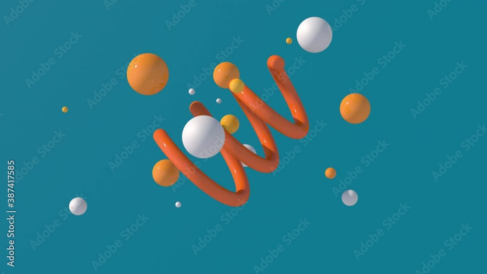 Orange glossy spiral and colorful balls flying. Blue background, hard light. Abstract animation, 3d render.