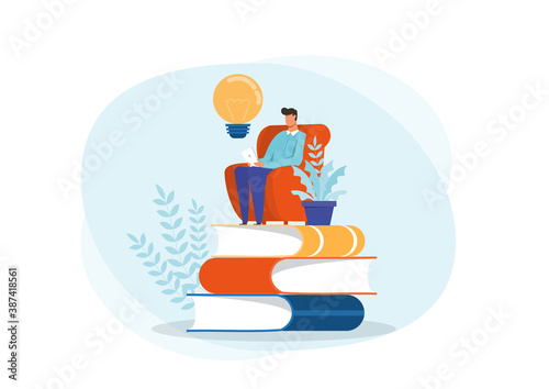 young man reading book, sitting on stack of giant books. idea to read books Concept Flat vector illustration