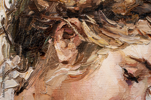Fototapeta Naklejka Na Ścianę i Meble -  Fragment of portrait young beautiful girl. Created in the expressive manner. Palette knife technique of oil painting and brush.