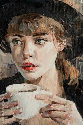 Fototapeta Naklejka Na Ścianę i Meble -  .The girl is drinking coffee. She is wearing black clothes. Oil painting on canvas.