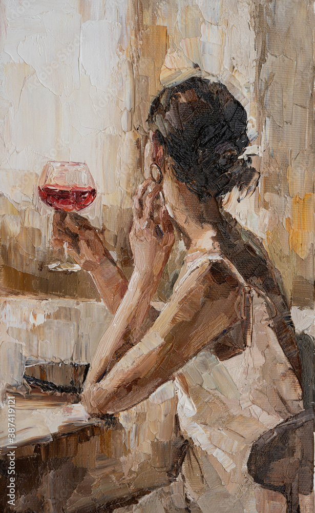 Beautiful attractive young woman holding a glass of wine. Oil painting ...