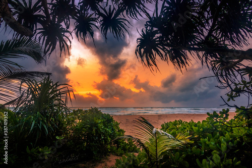 Sri Lanka on the beach. beautiful photo of the sea at sunset with lots of clouds. Great colors and backlighting.