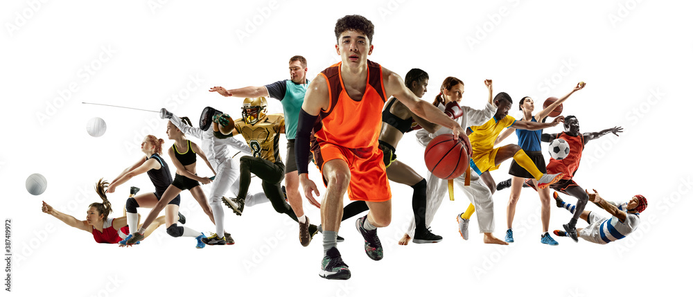 Sport collage of professional athletes or players on white background, flyer. Made of different photos of 13 models. Concept of motion, action, power, target and achievements, healthy, active