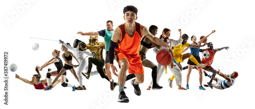 Sport collage of professional athletes or players on white background  flyer. Made of different photos of 13 models. Concept of motion  action  power  target and achievements  healthy  active