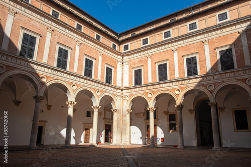 Panoramic view of the renaissance courtyard of the Ducal Palace in Urbino, Italy.