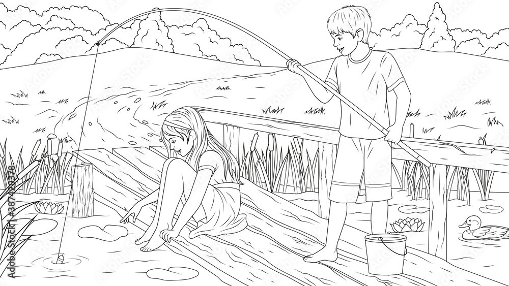 Vector illustration, children catch fish on the river bank, coloring book.