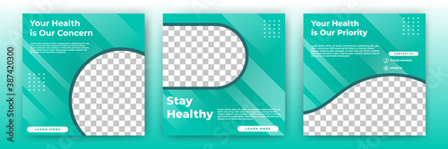 Set of editable square background. Post template medical with photo collage. Perfect for social media post, story and web internet ads