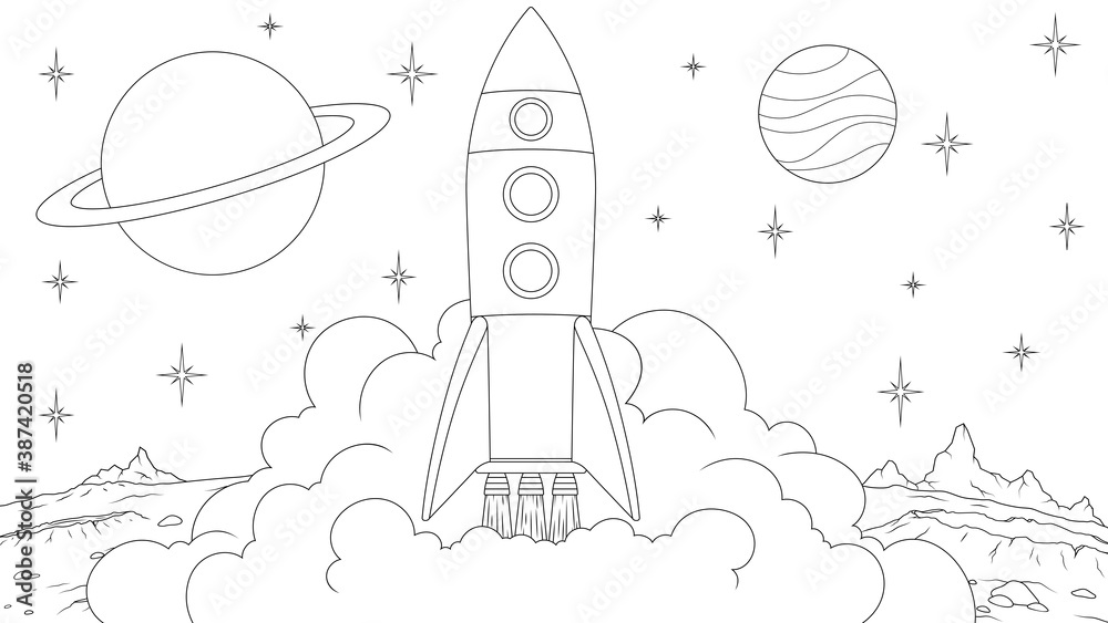 Vector illustration, spaceship, rocket, takes off from the surface of the planet, coloring book.a
