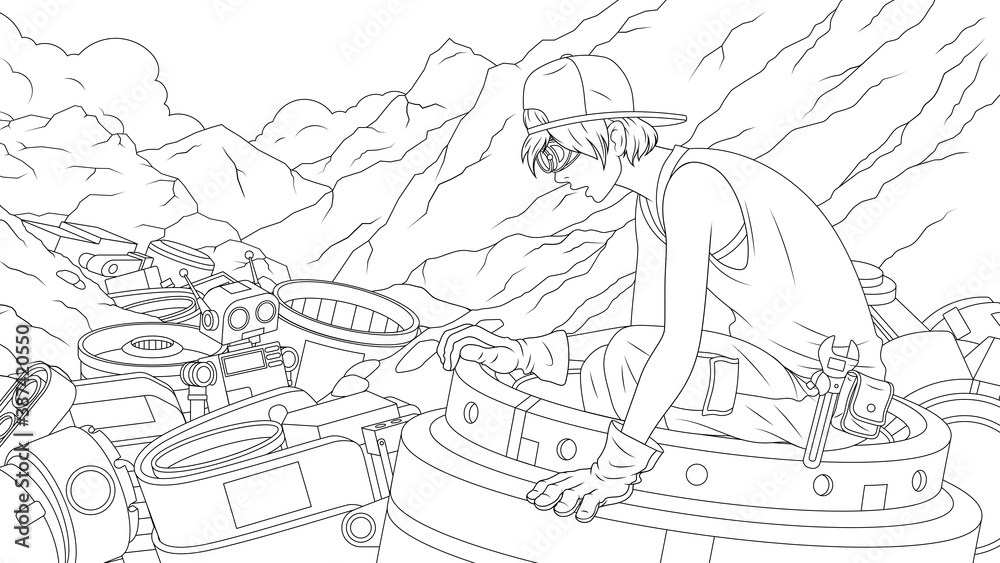 Vector illustration, the boy collects the robot at the junkyard, coloring book