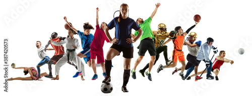 Sport collage of professional athletes or players on white background, flyer. Made of different photos of 12 models. Concept of motion, action, power, target and achievements, healthy, active