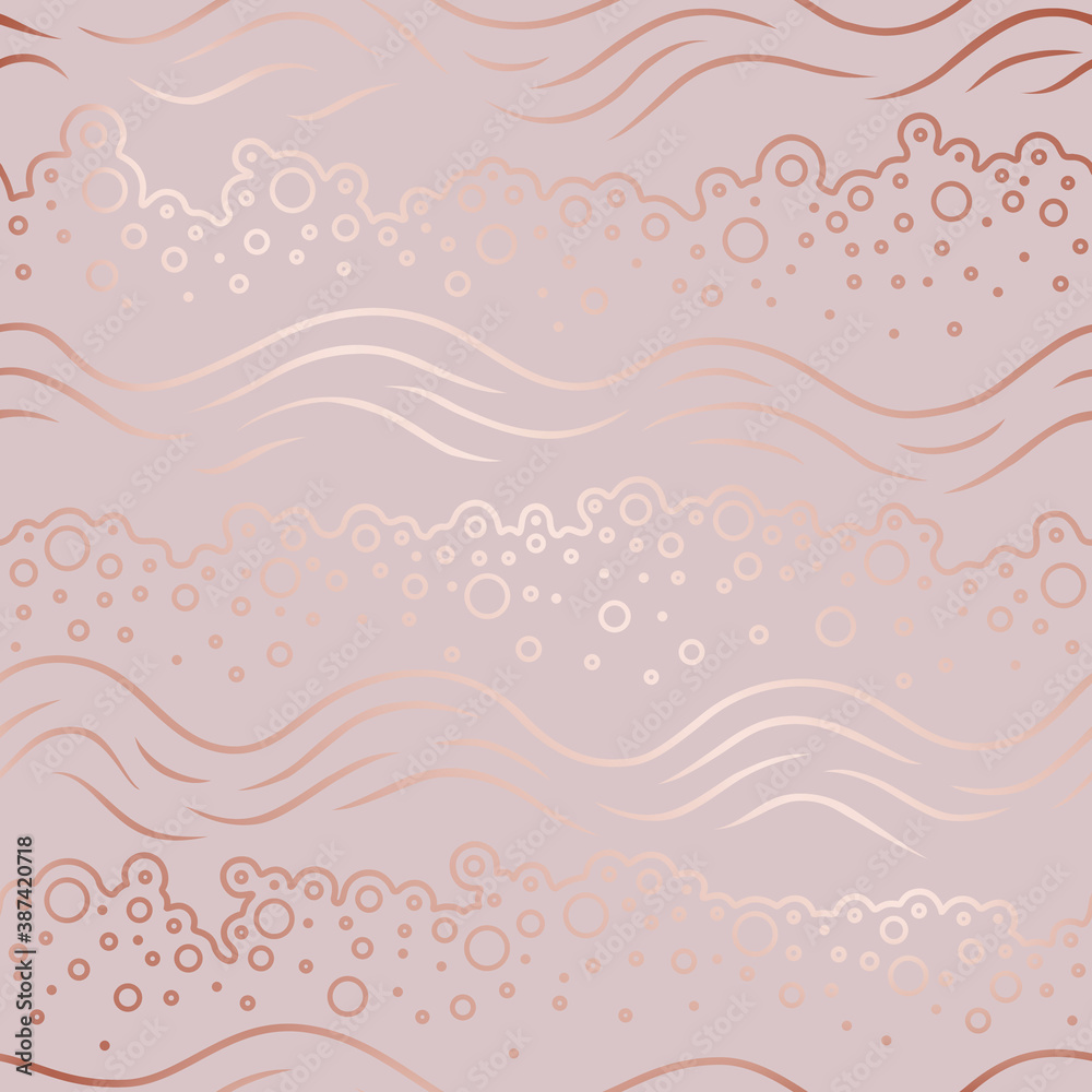 Abstract waves seamless pattern. Soap bubbles. Rose gold waves. Pink background. Wavy line with bubbles. Roses golden backdrop for design bathroom, bodycare, toiletries, prints. Vector illustration