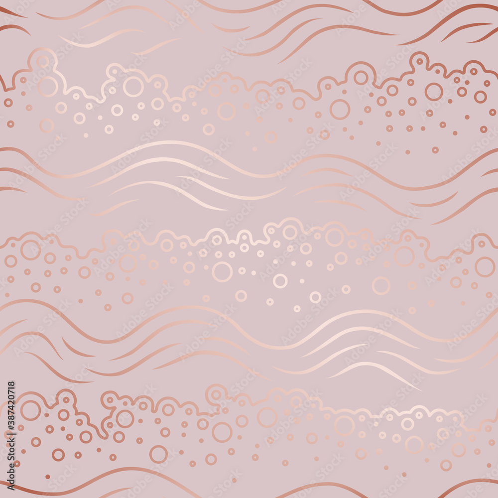 Abstract waves seamless pattern. Soap bubbles. Rose gold waves. Pink background. Wavy line with bubbles. Roses golden backdrop for design bathroom, bodycare, toiletries, prints. Vector illustration Abstract waves seamless pattern. Soap bubbles. Rose gold waves. Pink background. Wavy line with bubbles. Roses golden backdrop for design bathroom, bodycare, toiletries, prints. Vector illustration