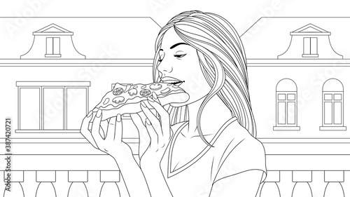 Vector illustration, beautiful girl eating pizza on the balcony.