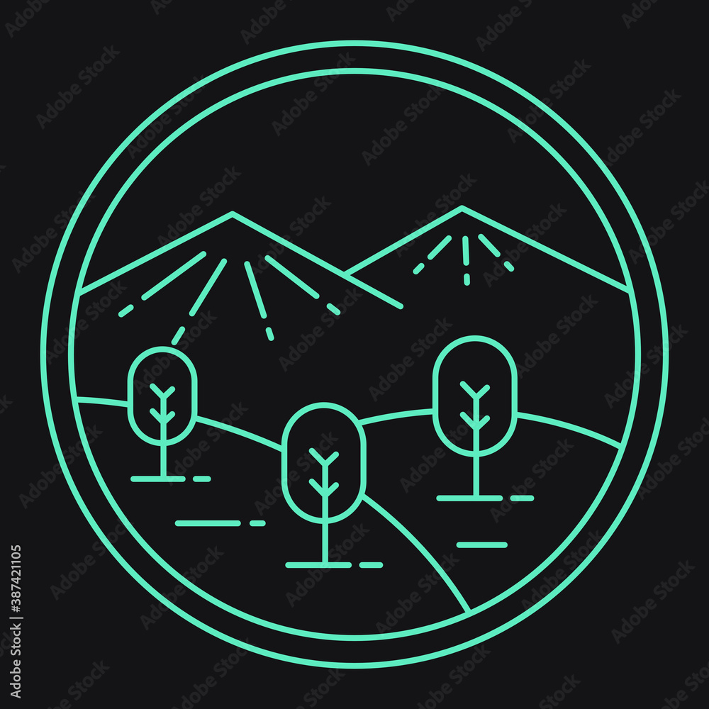 Illustration of mountains and savanna with green outline color. Minimalist mountain and forest line art design. Illustration design for apparel products, mugs and wall posters Illustration of mountains and savanna with green outline color. Minimalist mountain and forest line art design. Illustration design for apparel products, mugs and wall posters